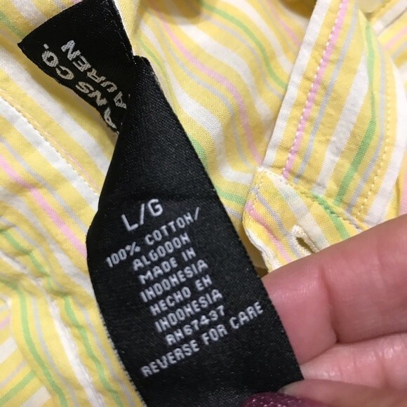 Ralph Lauren Yellow stripe shirt women button down collar top size L career work - Picture 8 of 8